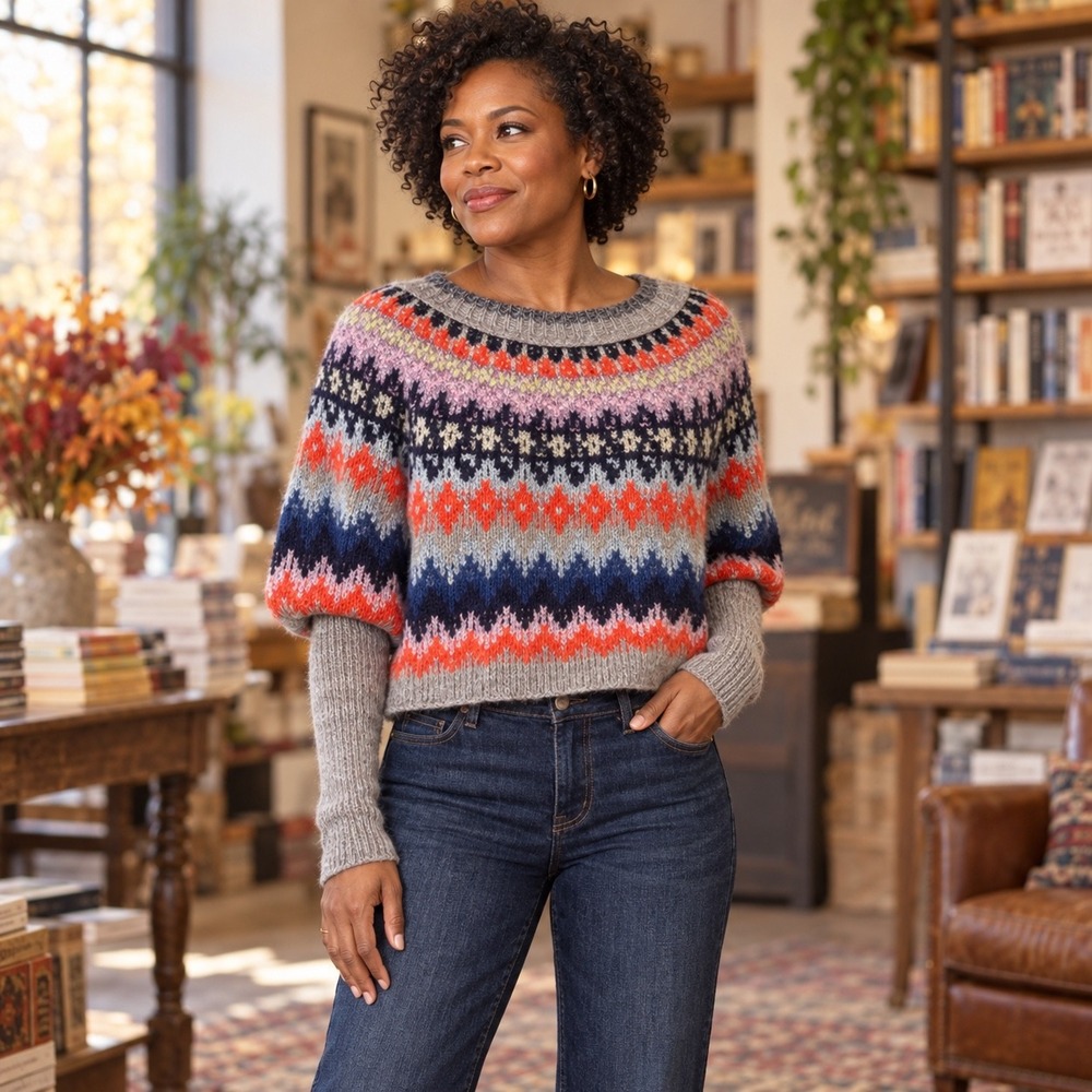 Free People Home for the Holidays Fair Isle Cropped Sweater Gray Multi Boho M